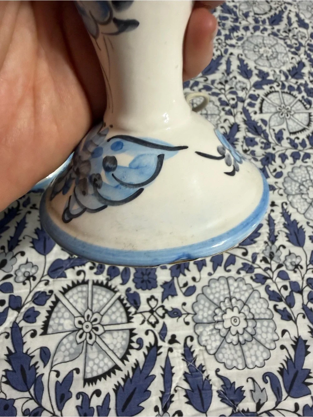 Vintage Blue and White Floral Ceramic Candlestick Lamps - Pair hand painted EUC